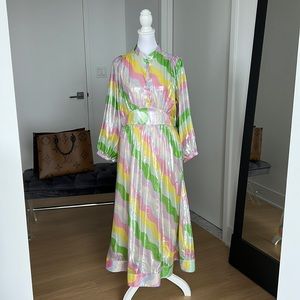 CeliaB Jakarta Silk & Lurex Dress Long Sleeve Size Medium Midi Metallic Striped